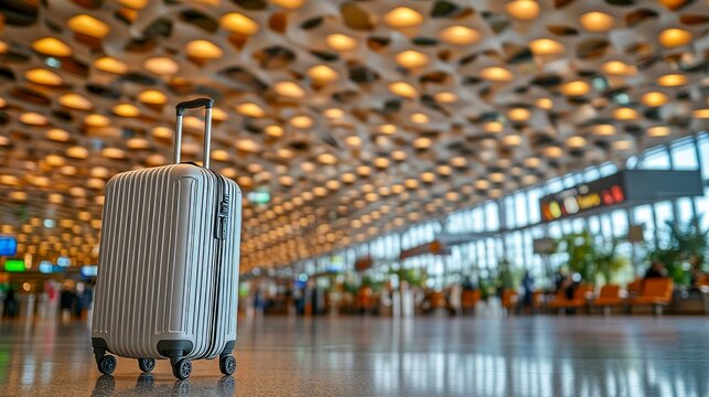 Banner for travel featuring a suitcase set against an airport backdrop with space available for text