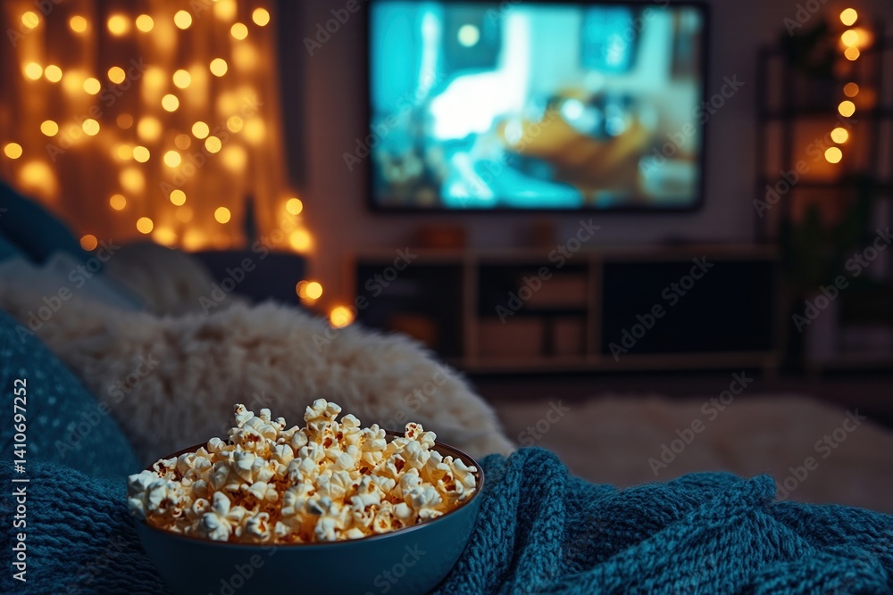 Aufkleber Bowl of popcorn on a cozy couch with a blurred TV screen in the background, creating a relaxing and inviting atmosphere for movie night.