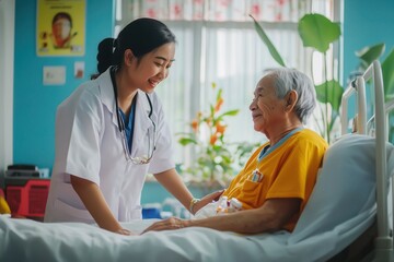 Obraz premium A nurse helping an elderly patient adjust their hospital bed or administering medication with a caring expression.