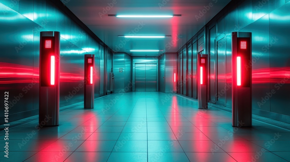 Poster a striking image of a modern corridor featuring glowing red lights, creating an atmosphere of myster