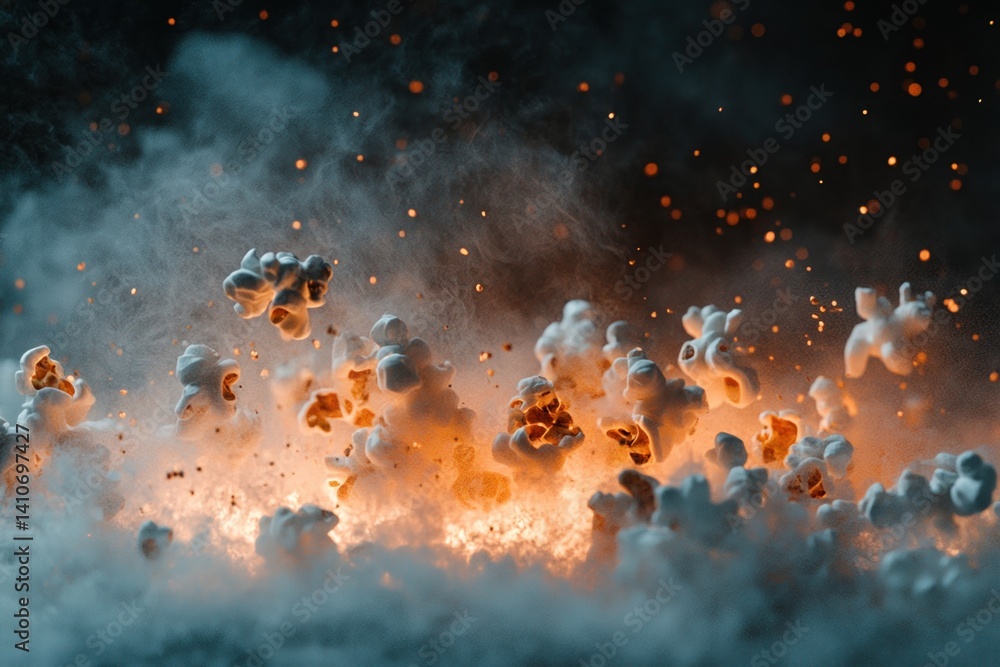 Poster popped kernels against a dark background with smoky effects and golden flares create a dramatic scen