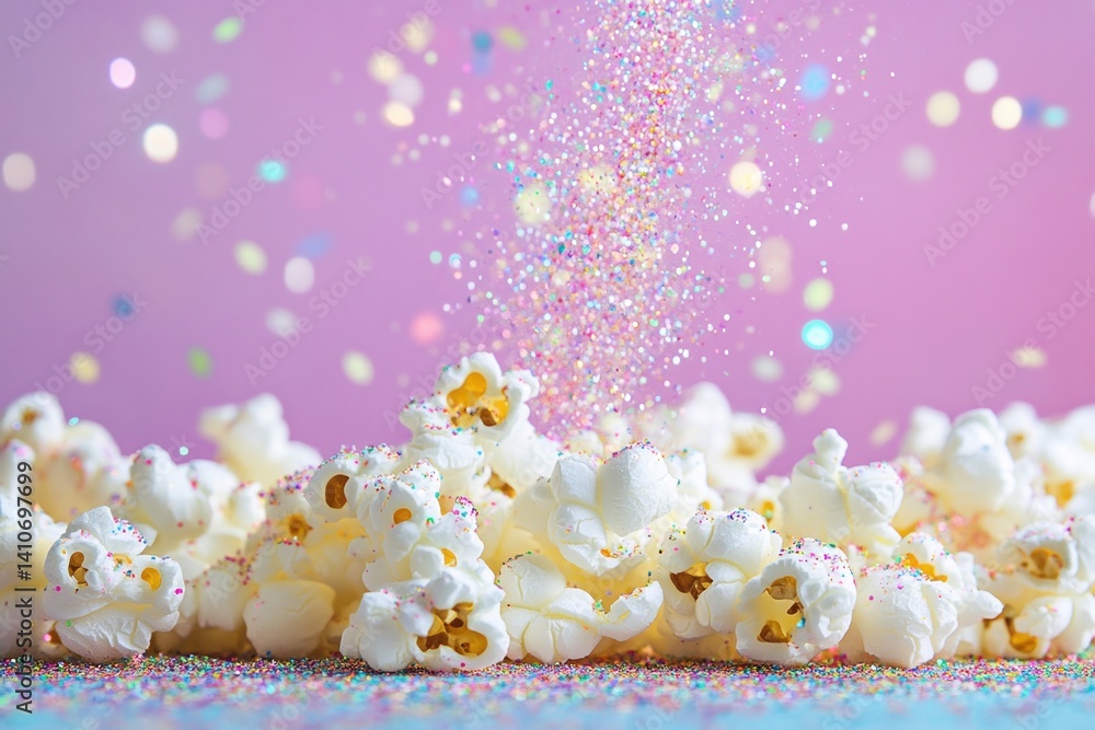 Poster celebratory snack: popcorn rains with colorful sprinkles against a soft pastel backdrop, creating a 