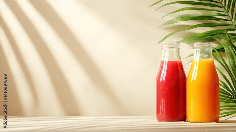 Poster two vibrant glass bottles of fruit drinks create a stunning display of colors against a soft backdro