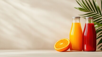 Two colorful glass bottles next to a fresh orange slice and green palm leaves depict a vibrant lifestyle, promoting fruity flavors and healthful refreshment in natural settings.