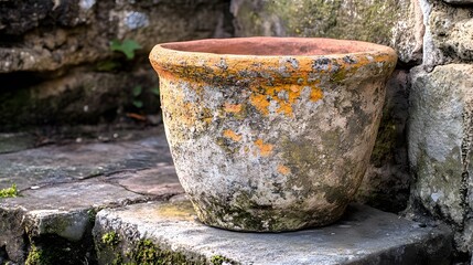 Fototapeta premium Aged Terracotta Pot Stone Wall Garden Decor