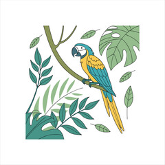 Tropical Parrot Sitting on Tree Branch in Jungle – Flat Vector Illustration with Leaves and Nature Elements