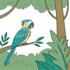 Tropical Parrot Sitting on Tree Branch in Jungle – Flat Vector Illustration with Leaves and Nature Elements"
