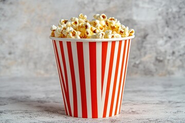 Popcorn in a red and white striped container, perfect for a movie night treat on a textured gray surface, a classic snack.
