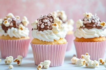 Delicious cupcakes topped with popcorn and chocolate for a sweet and savory treat. Perfect for parties or a special snack.