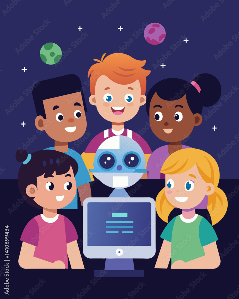 Aufkleber a group of children crowded around a computer screen their expressions of wonder and awe as they wat