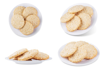 Sesame seeds cookies in a plate on a white isolated background