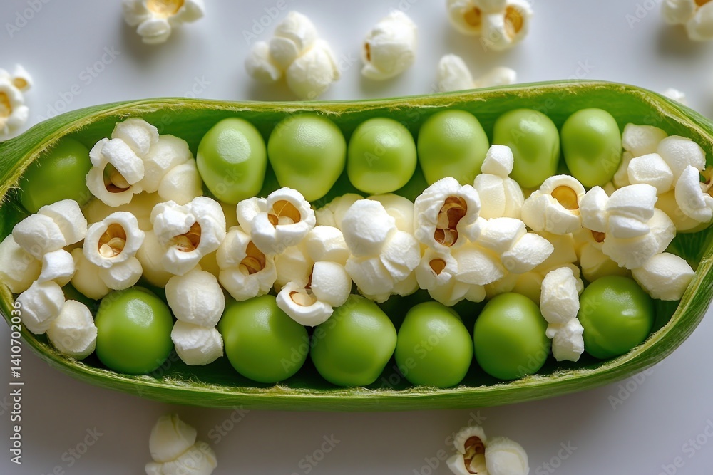 Poster A pod filled with vibrant green peas and fluffy popcorn, creating a playful and unexpected culinary combination on a white surface.