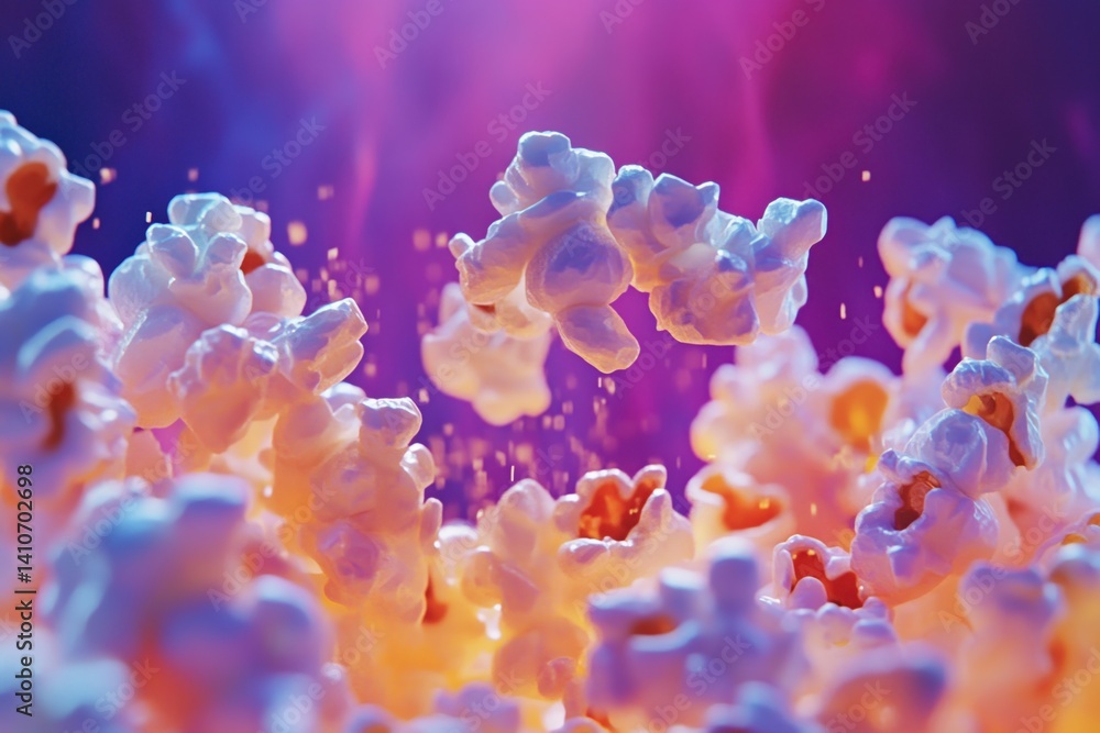 Fototapete A vibrant image of popcorn illuminated with colorful lights, creating a playful and tempting visual experience. Perfect for snack time!
