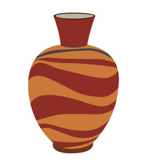 Decorative terracotta vase with wavy red and orange patterns isolated on white background