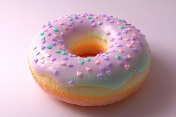 A delectable donut adorned with pastel-colored heart sprinkles and a sweet glaze.