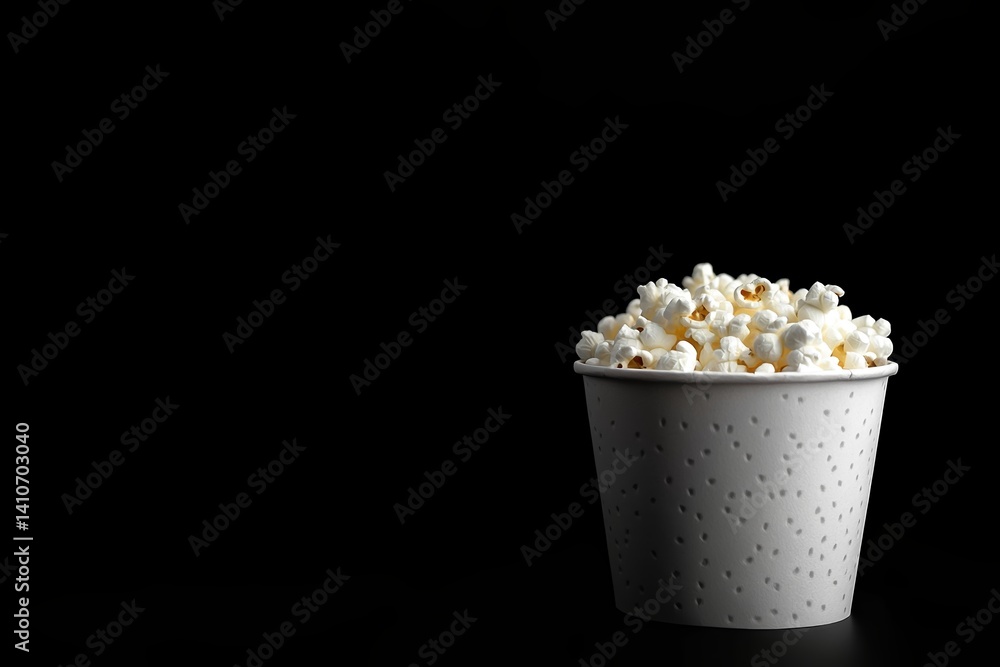 Poster a close-up studio shot showcasing a container overflowing with fresh, fluffy popcorn, set against a 