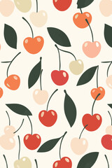 Seamless Retro Cherry Vector Pattern with Colorful Fruits and Leaves for Summer Design Use