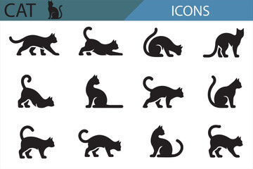 Cat Poses Icon Set - Various Cat Action and Silhouette Illustrations for Pet Graphics

