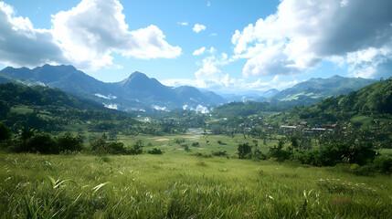 Obraz premium Scenic Mountain Valley Landscape With Lush Green Field