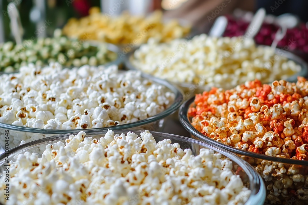 Poster bowls of colorful popcorn variations for a snack bar, perfect for an event with multiple flavor choi