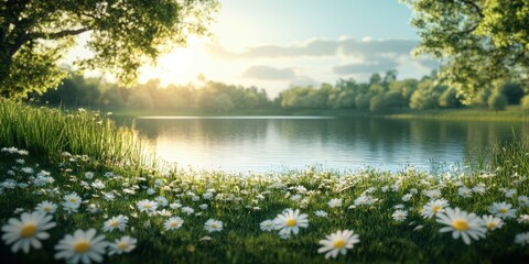 Sunlight reflects on a calm lake surrounded by blooming flowers in a serene natural setting at dawn