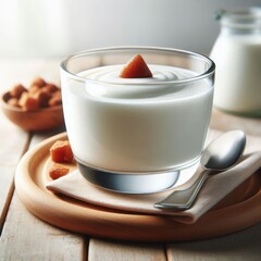 Fresh Yoghurt Breakfast, Greek Yoghurt on a Table in a Glass Bowl decorated with Fruits, Mint or Nuts - Probiotic Dairy Milk Product with High Protein  - Healthy Food on a Wooden Plate