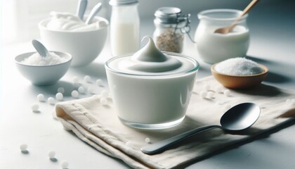 Fototapeta premium Fresh Yoghurt Breakfast, Greek Yoghurt on a Table in a Glass Bowl decorated with Fruits, Mint or Nuts - Probiotic Dairy Milk Product with High Protein - Healthy Food on a Wooden Plate
