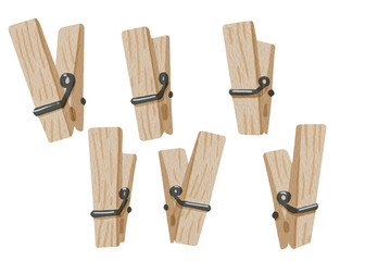 Watercolor illustration of a six clothespin set. Hand drawn graphic clip art of wooden clothes peg isolated on white background. Watercolor cartoon style. For scrapbooking and handmade.