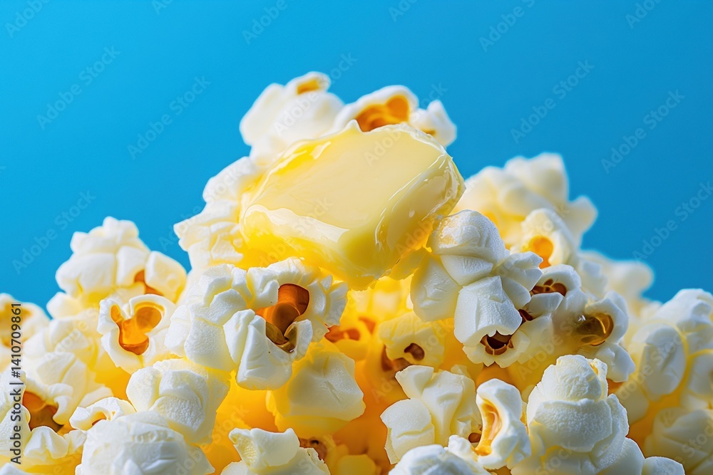 Poster close-up shot of popcorn with a melting butter square against a blue background. ready for a movie n