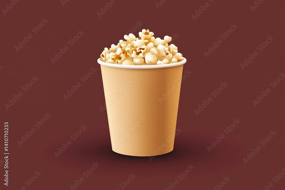Poster a close-up of a beige cup of popcorn against a brown background, emphasizing its texture and invitin