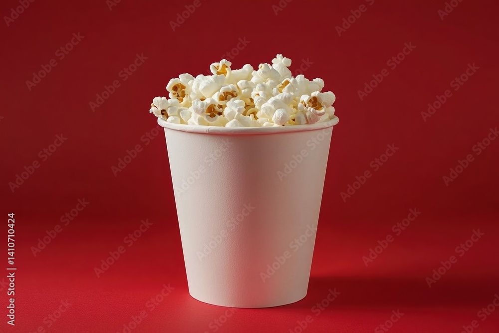 Poster A white paper container overflowing with fluffy popcorn against a plain red background, creating a classic snack and movie atmosphere.