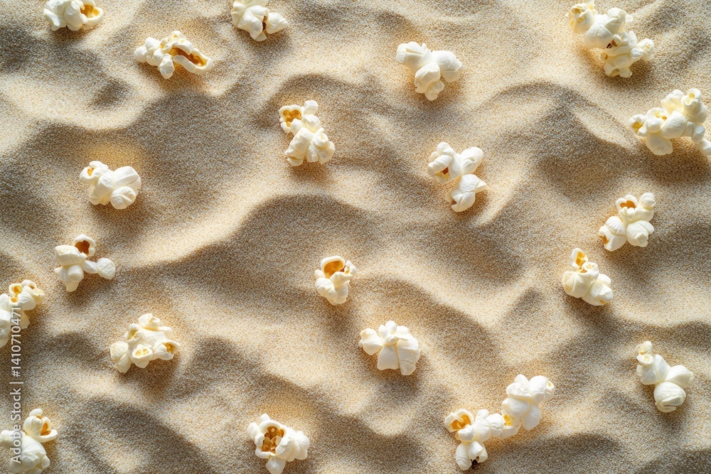Poster Popcorn scattered on a wavy surface, resembling a sandy beach, creating a unique and unexpected visual texture. A playful snack scene.