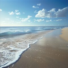 Idyllic tropical beach scene with gentle waves washing onto wet golden sand under a bright blue sky with fluffy white clouds. Paradise vacation concept.

