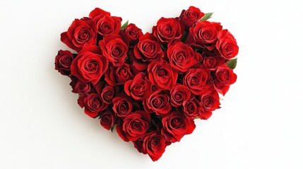 A heart-shaped arrangement of delicate red roses, with soft lighting, white background