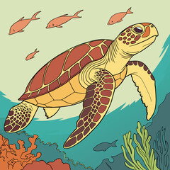 Realistic full-body illustration of a colorful Loggerhead Turtle, a migratory sea creature. Ideal for marine wildlife designs, educational projects, and nature-themed artwork.