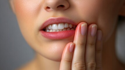Feeling discomfort as a woman holds her cheek, reflecting tooth pain during a quiet moment indoors