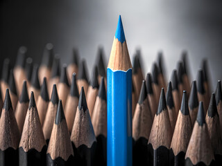 Blue colored pencil standing out from crowd of black pencils