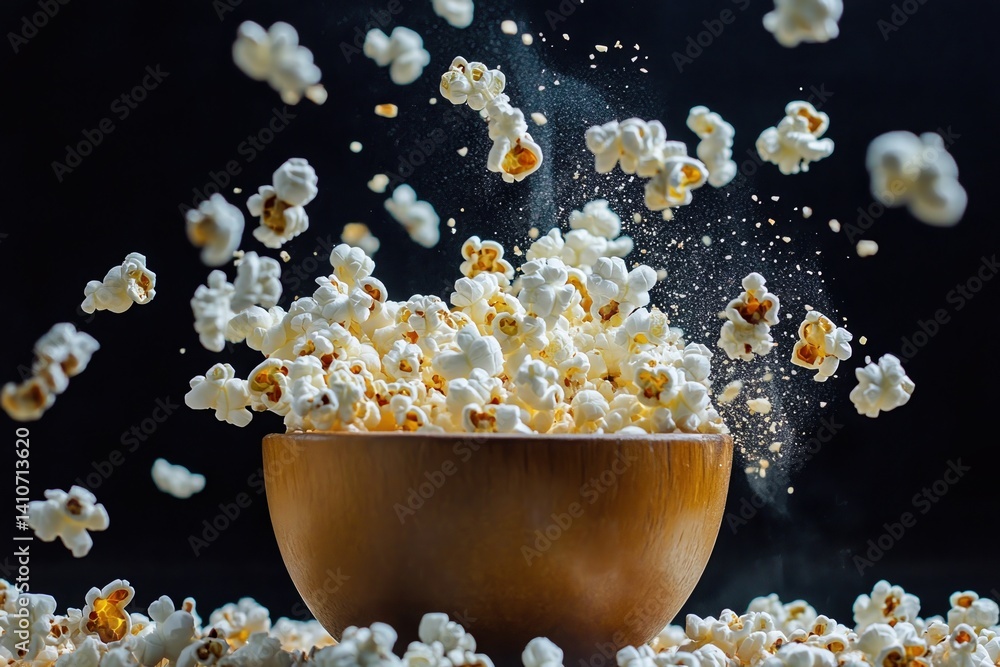 Fototapete Overflowing bowl of popcorn with kernels floating in the air, creating a dynamic and inviting snack scene on a dark background.