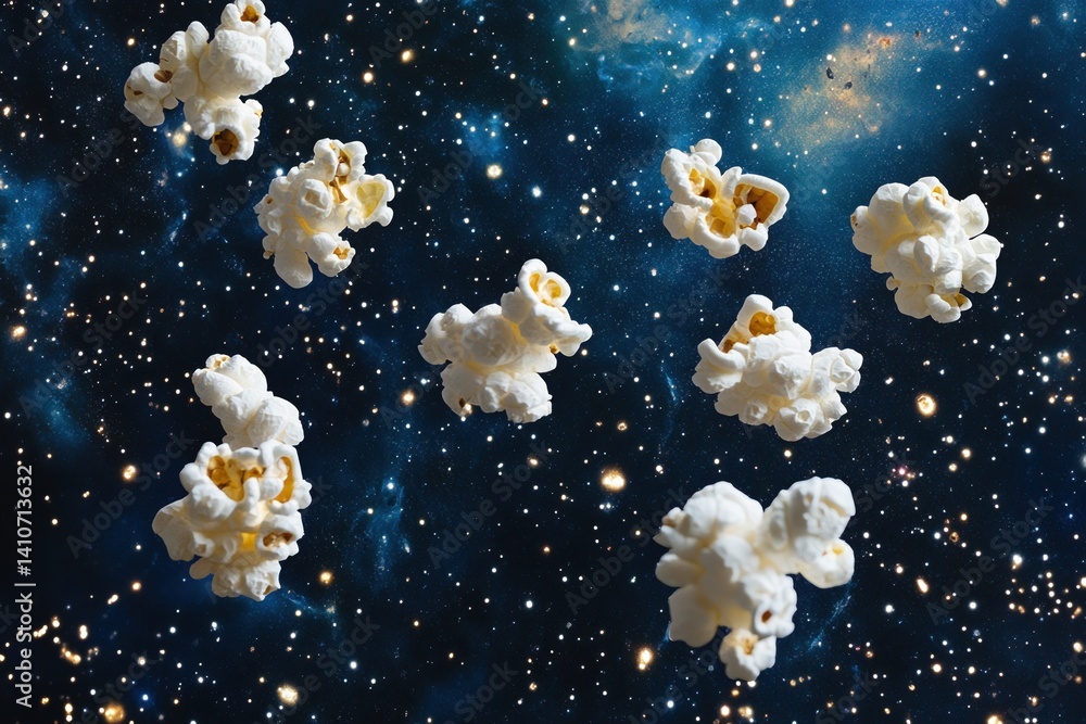 Fototapete popcorn floating in space: a whimsical food still life against a cosmic background creating a playfu