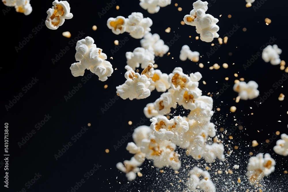 Aufkleber floating popcorn, a cloud of white and yellow kernels against a dark background. the texture and det