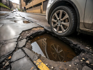 Car wheel avoiding dangerous pothole filled with rainwater on damaged asphalt road