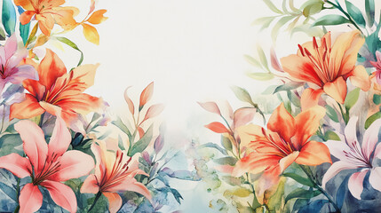 watercolor botanical Lilly flowers texture template background.Elegant wedding invitation card background . Minimal hand painted Design for wedding or Valentine's Day