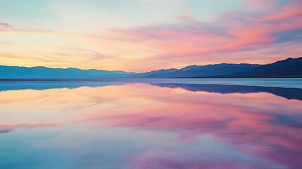 Naklejka premium Sunset Reflections: Witness the mesmerizing symphony of nature as the sky bleeds hues of pink and orange across the serene water, mirrored in perfect symmetry with the majestic mountain silhouettes.