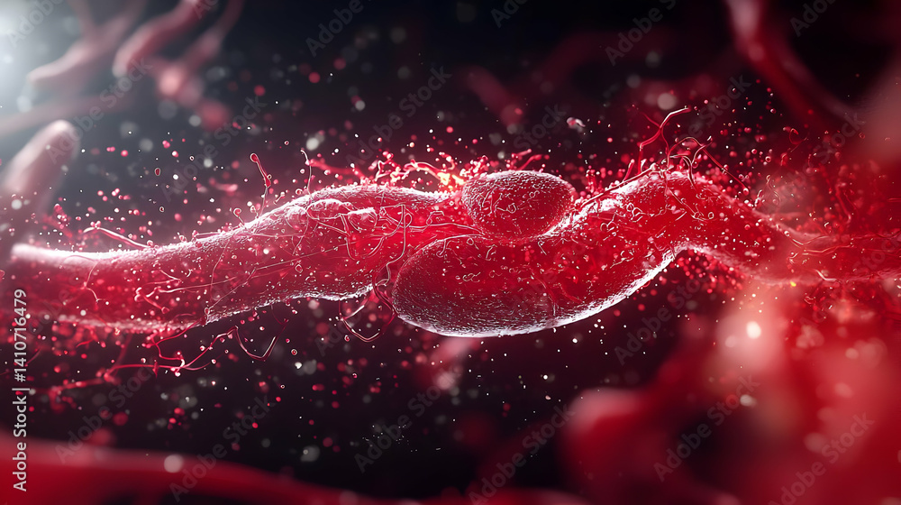 Poster abstract red particles flowing through dark biological structure
