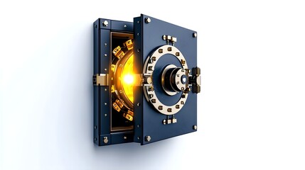 A metallic safe door is partially open, revealing a bright light emanating from within, symbolizing security and hidden treasures.