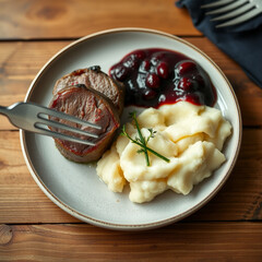 Finnish Reindeer Meat with Mashed Potatoes and Lingonberry Sauce
