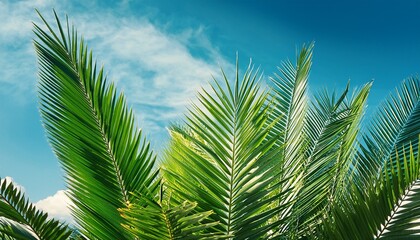 Fototapeta premium Green palm leaf against the sky Trendy minimal background