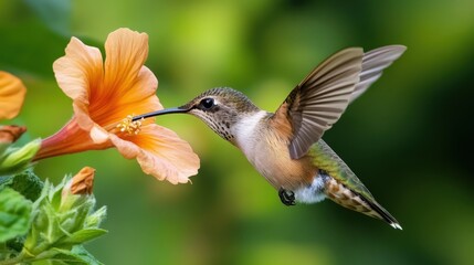 Fototapeta premium A hummingbird in flight, feeding on a vibrant orange hibiscus flower.