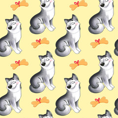 Cute Hasky dog, hand drawn backdrop. Colorful seamless pattern with animals. Decorative cute wallpaper, good for printing. Cartoon character