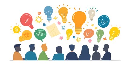 Collaborative Brainstorming: A group of people huddle together, their silhouettes surrounded by a vibrant flurry of lightbulbs and speech bubbles.